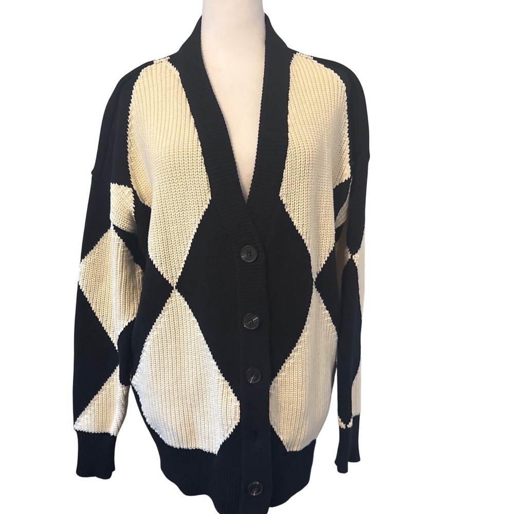Pistola Black Cream Argyle Diamond Oversized Cotton Cardigan Sweater XS P2022HCS